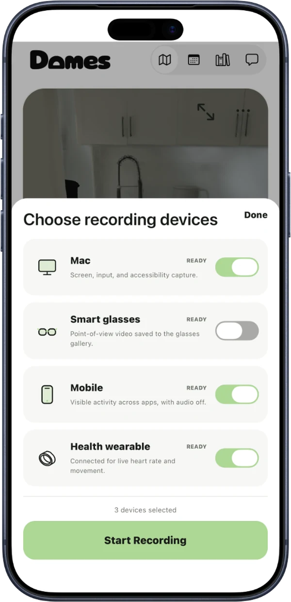 The Domes app's Choose recording devices sheet: the Mac, phone, and health wearable are switched on, the smart glasses are ready but switched off, and a Start Recording button sits below.