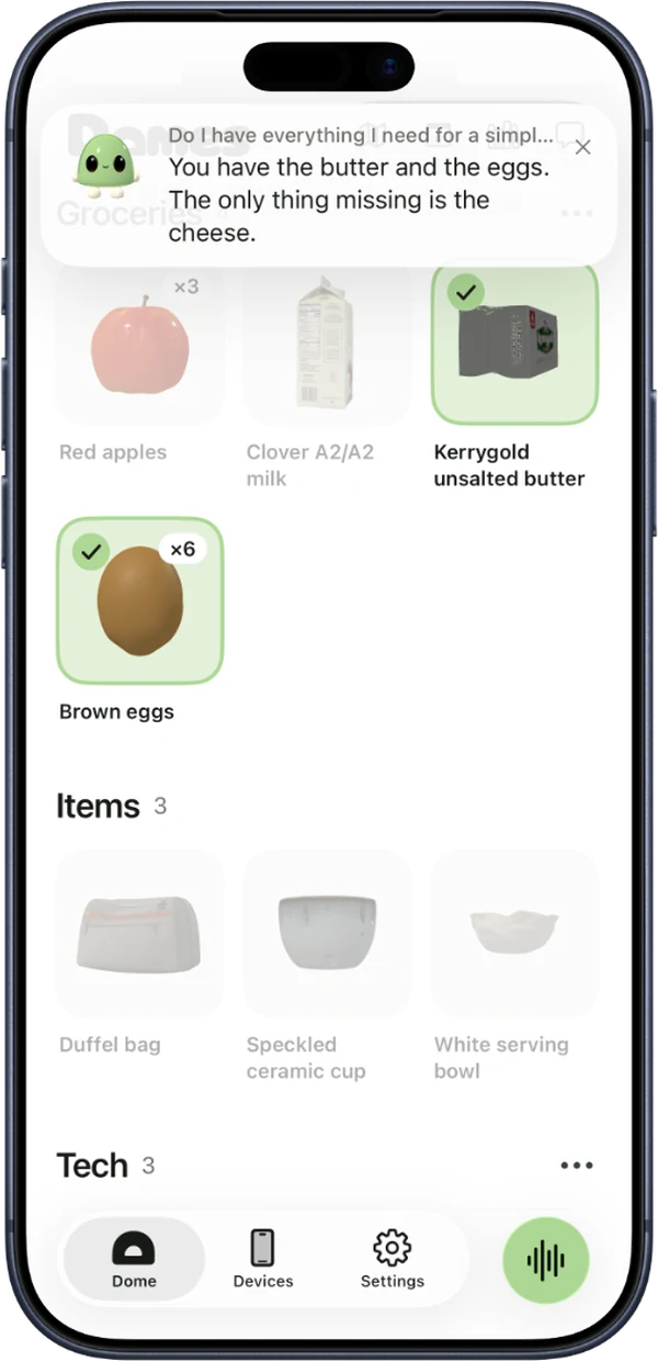 The Domes app answering the omelet question: the butter and eggs in the Groceries library are checked, and Domi says the only thing missing is the cheese.