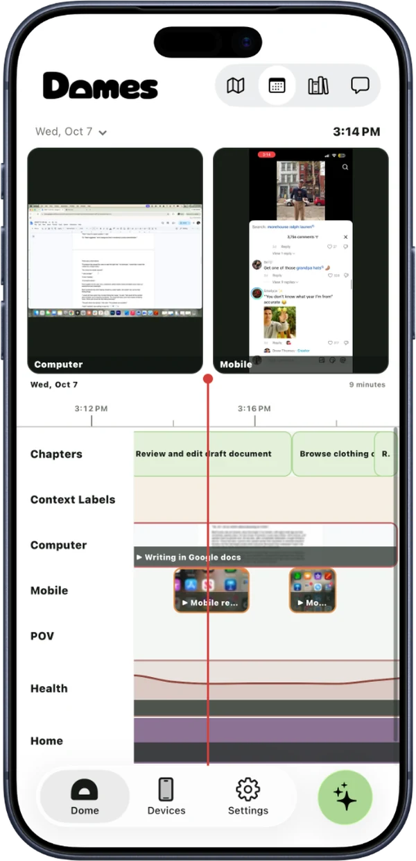 The Domes timeline for Wednesday, Oct 7, with computer and mobile recordings side by side and rows for chapters, context labels, computer, mobile, POV, health, and home.