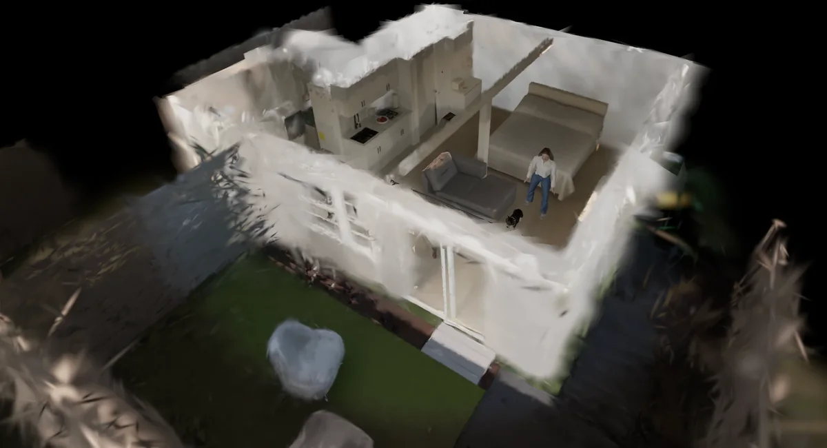 An aerial view of the Dome: the apartment as a 3D model with the walls cut away, showing the kitchen, sofa, bed, and the avatar standing by the bed with the corgi.
