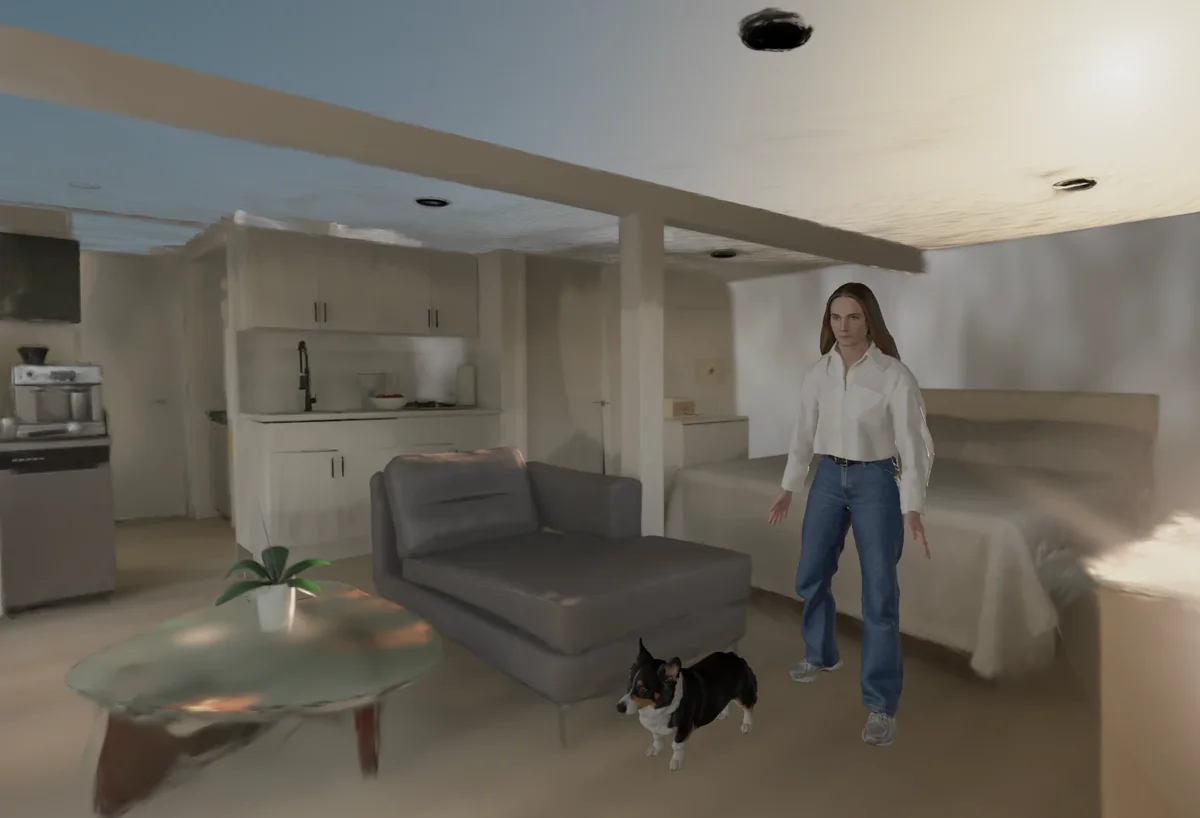 Inside the Dome: the avatar and the corgi in the living room, with the sofa, coffee table, and kitchen behind them.