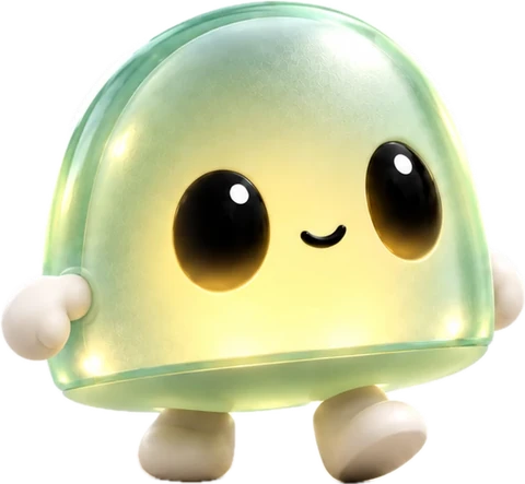 Domi, the Domes AI guide: a glowing, translucent mint dome with big black eyes and a small smile, walking on little round feet.